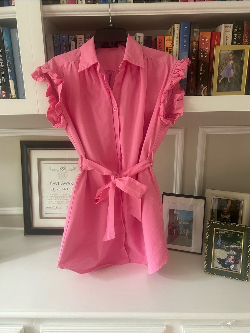 Pink Ruffle Sleeve Button-Front Tie-Waist Women’s Mini Dress